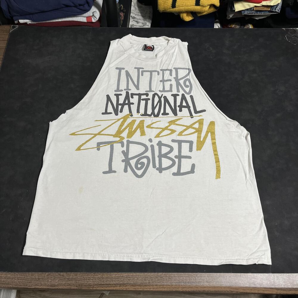 Vintage Stussy International Tribe Shirt Mens XL White Cutoff Tank 90s Graffiti